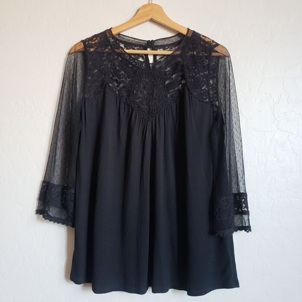 Express Lace Sheer Sleeve Blouse Top 3/4 Sleeves Solid Black Size Women's Medium